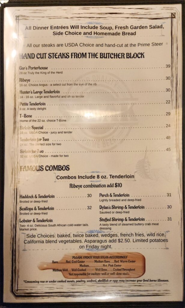 Prime Steer Supper Club LLC Menu 1